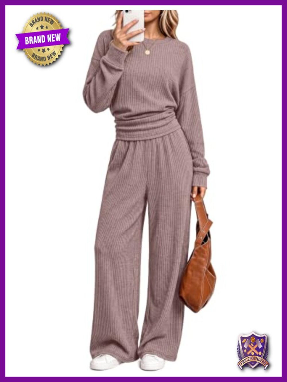 Two Piece Lounge Set Long Sleeve Pull On Pants Polyester Blend Casual